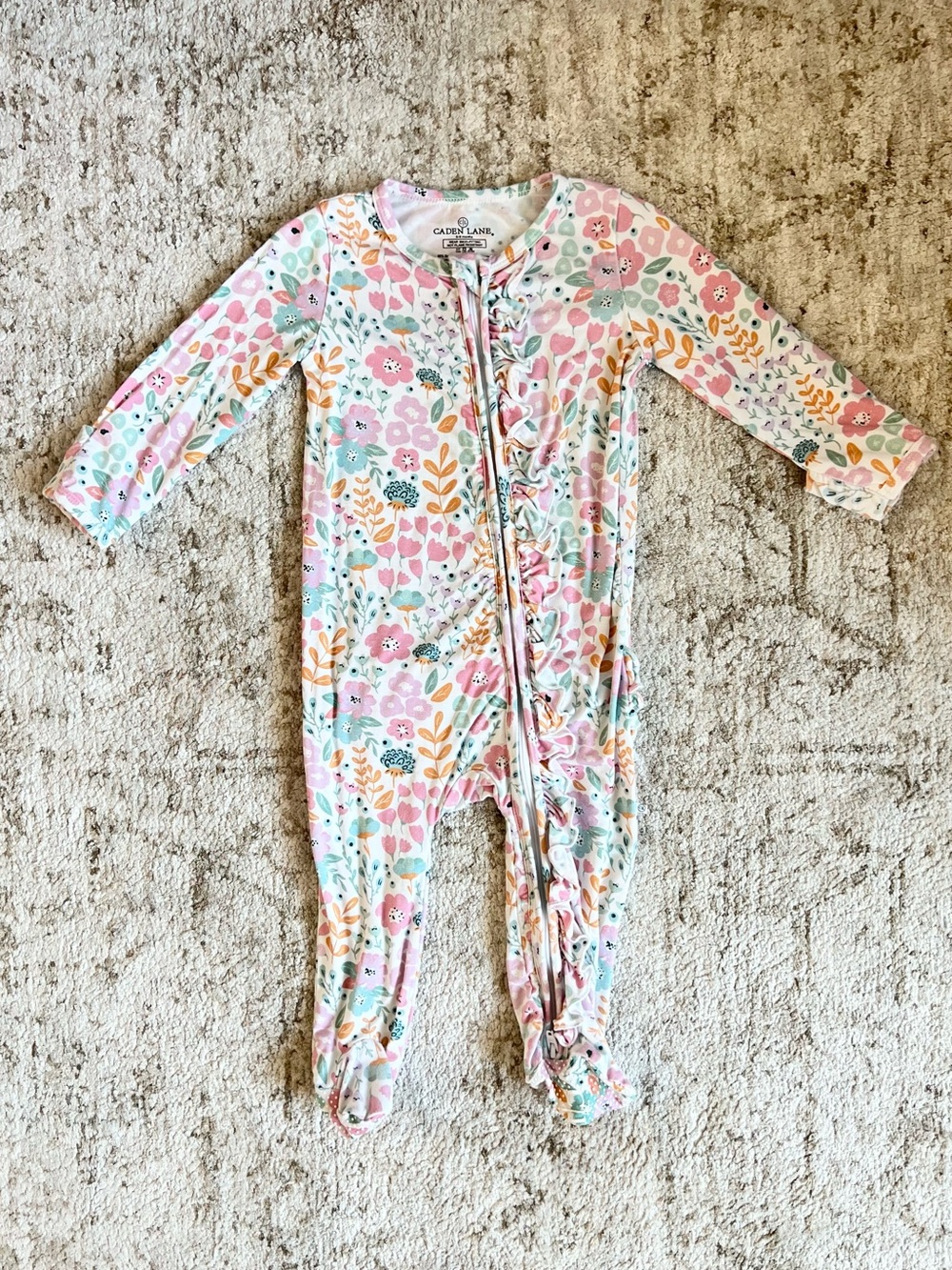 Caden Lane Willow's Whimsy Floral Ruffle Zipper Footie Bamboo Pajamas 6-9 Months